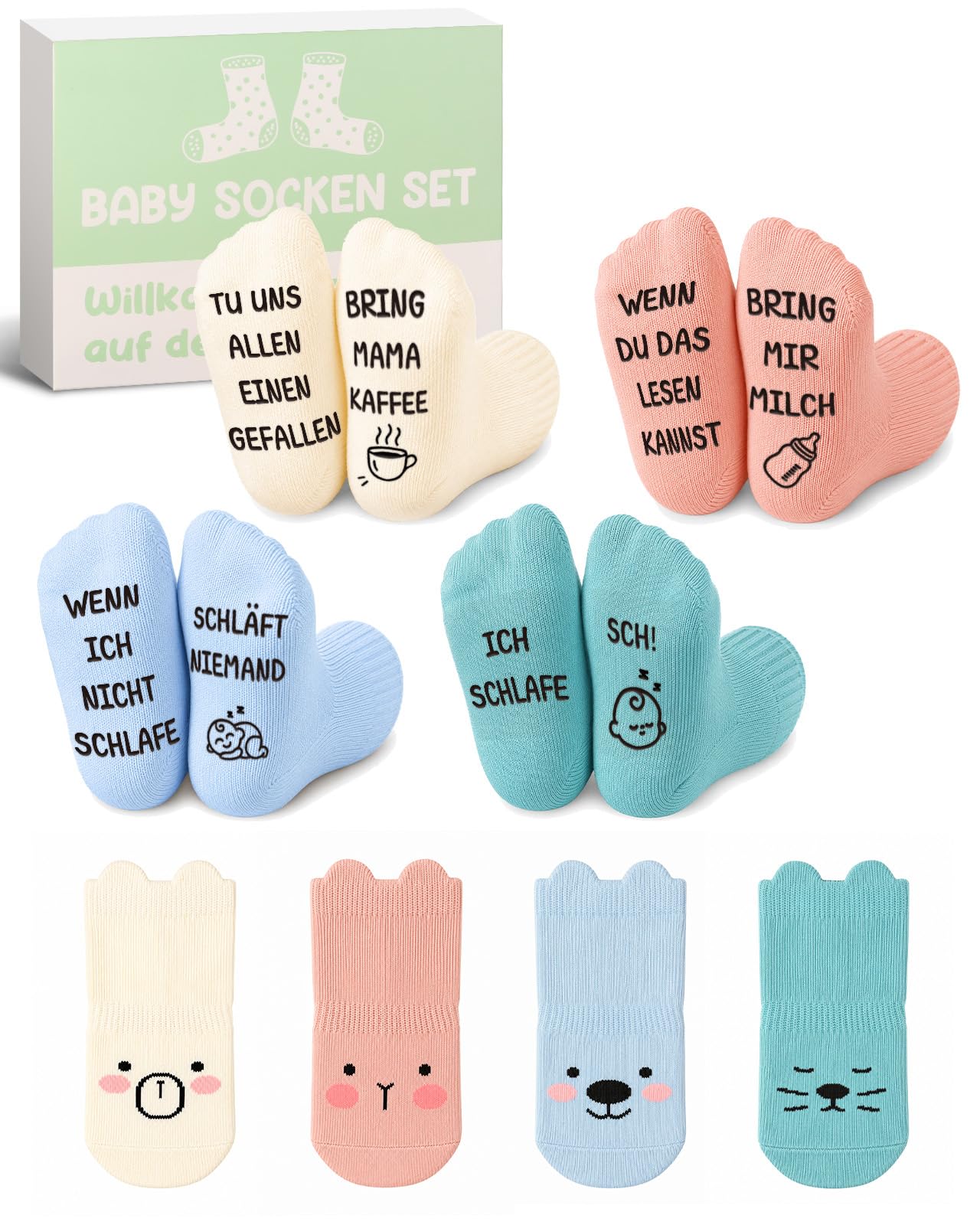 TUZELIYA Baby Socken 0-12 Monate Geschenk Junge Mädchen - ABS rutschfeste Socken Tiermotive mit lustigen Sprüchen - Babysocken Geschenk zur Geburt, Babyparty & als Schwangerschaftsgeschenk