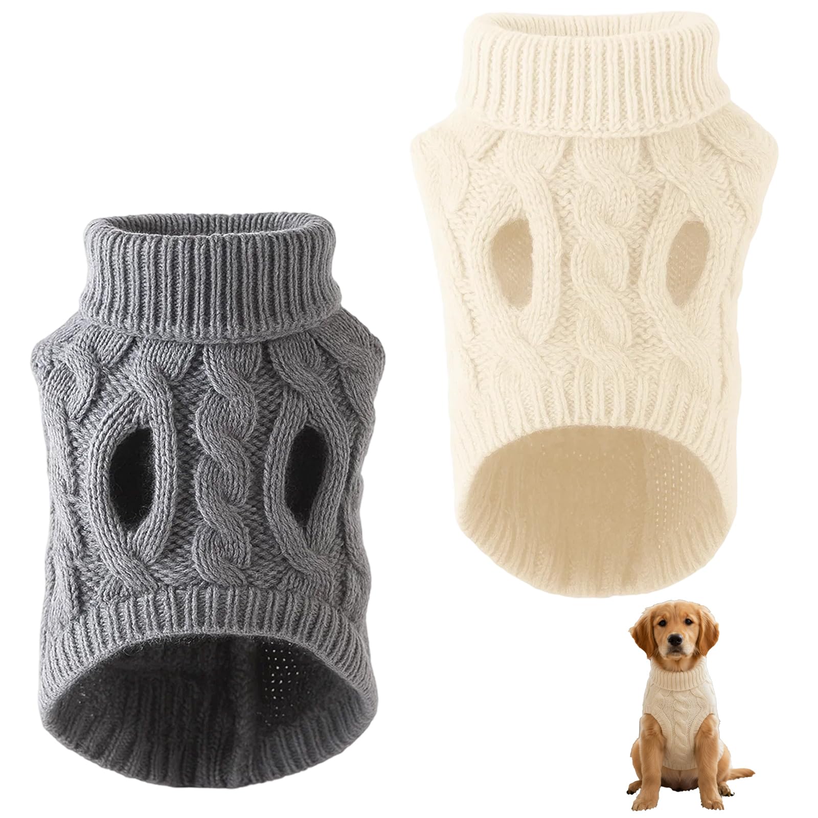 Coats for Small Dogs, 2 Pack Jumpers, Warm Winter Outfits for Small to Medium Dogs, Soft Knit Jumper with Full Length 44cm, White and Dark Gray