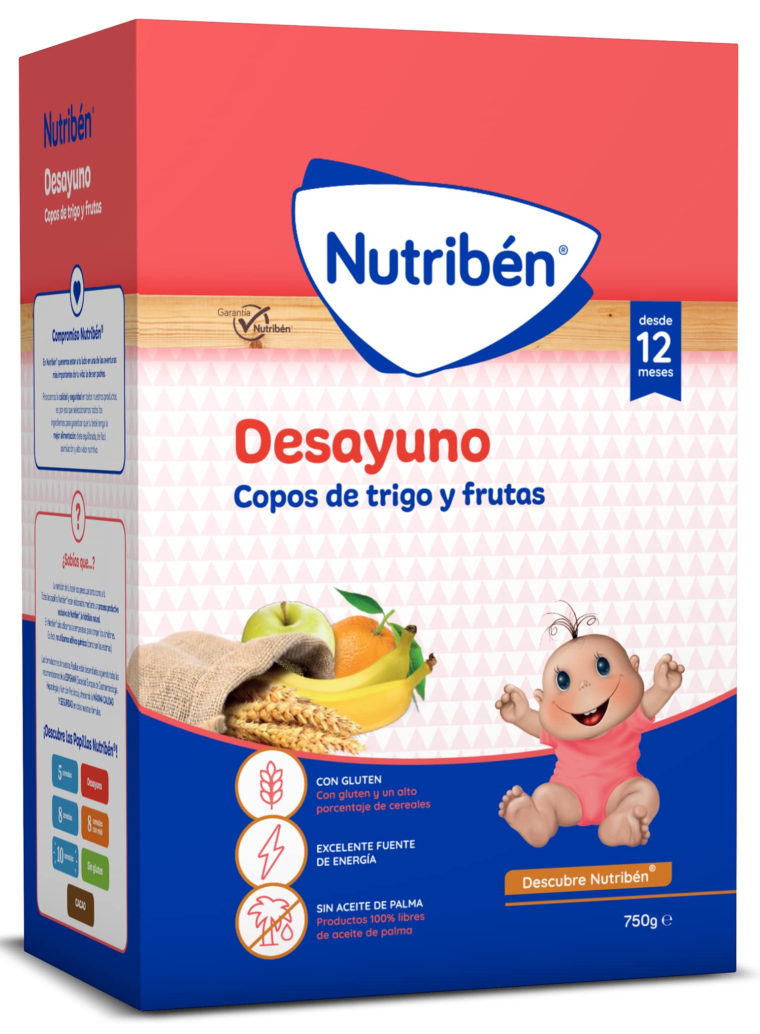 Nutribén Papilla de Copos de Trigo y Frutas para el Desayuno, 4500 g, Sin Aceite de Palma, Bebés 12 Meses, Pack 6 x 750g