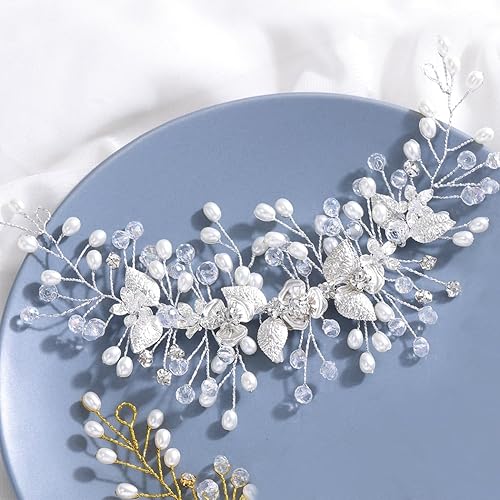 Miniatura 6 de Easedaily Boda de novia pelo vid plata flor hoja nupcial tocados perla pelo accesorios para mujeres y niñas, Perla