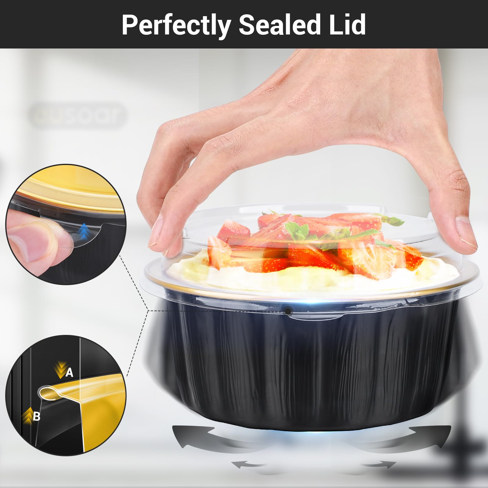 EUSOAR Ramequines desechables con tapas, color negro y dorado, 50 moldes de aluminio de 21 onzas con tapas, moldes para magdalenas, mini recipientes para pan de pastel con tapas para recuerdos de