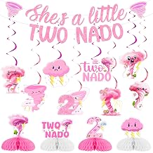 Cheereveal Twonado 2nd Birthday Decorations for Girls, She is a Little Two Nado Banner, Tornado Honeycomb Centerpieces Hanging Swirls, Weather Storm Themed Second Birthday Party Supplies