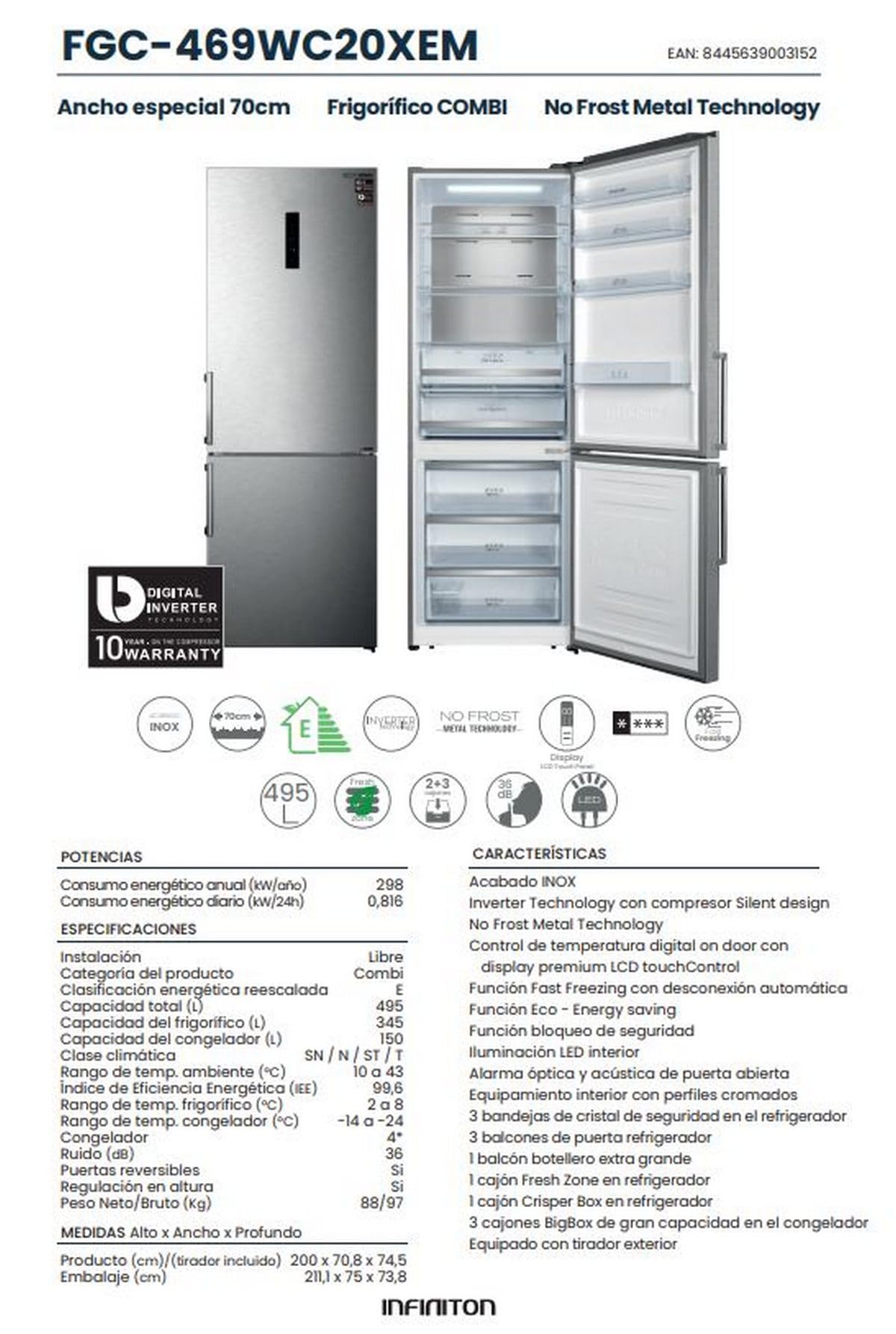 INFINITON | Frigorifico FGC-469WC20XEM | 200 cm de Altura| Clase E| 495 Litros| Ancho 70 cm | Acero inoxidable