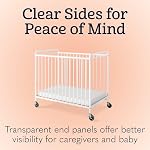 Foundations Chelsea Slatted Metal Compact Daycare Crib, 3" Casters, Compact Mini Size, Easy to Clean Durable Finish, Adjustable to Two Heights Mattress Board, White