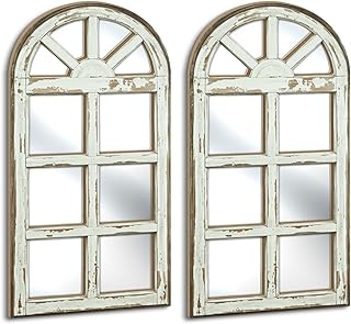 Putuo Decor Set of 2 Arched Window Frame Wall Decor with Acrylic Mirror Farmhouse Cottage Wall Accent for Bedroom Living Room Entryway Vintage White