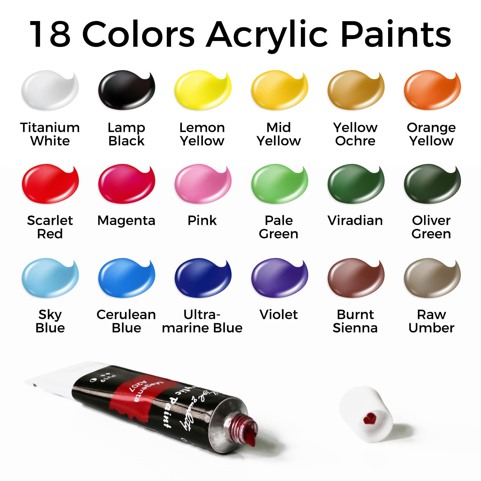 Juego de pinturas acrílicas, juego de 41 piezas con 18 tubos de pinturas acrílicas, 4 lienzos, 1 libro acrílico, 2 x 8 pinceles de pintura, 2 paletas de mezcla, suministros de arte para adultos, niños