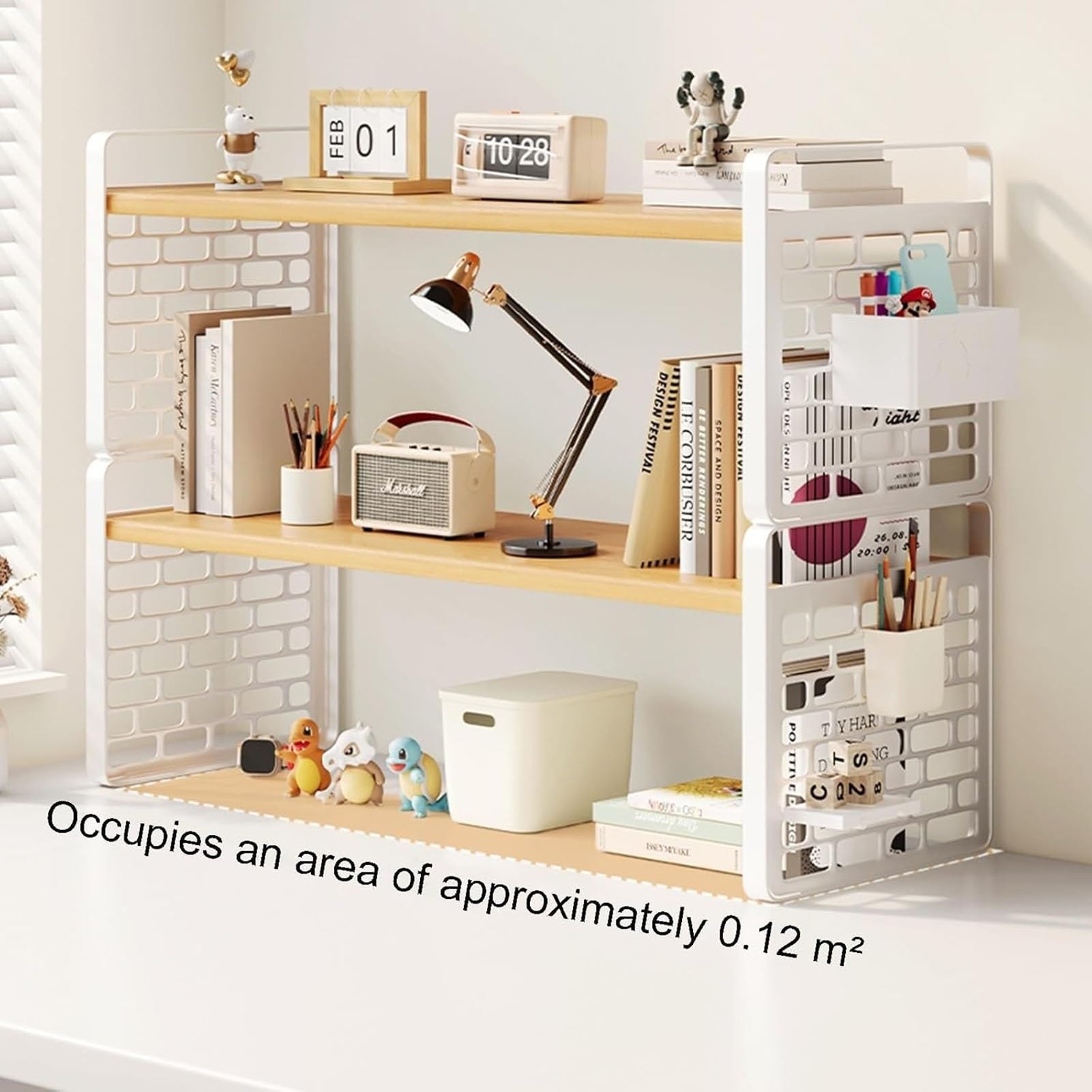 Libreria Da Scrivania In Ferro E Legno - Singola Con Cestino Appeso, Mensola Espositiva Multiuso Banco, Scaffale Portaoggetti Per Piccoli Spazi(White,40x20x18 cm)