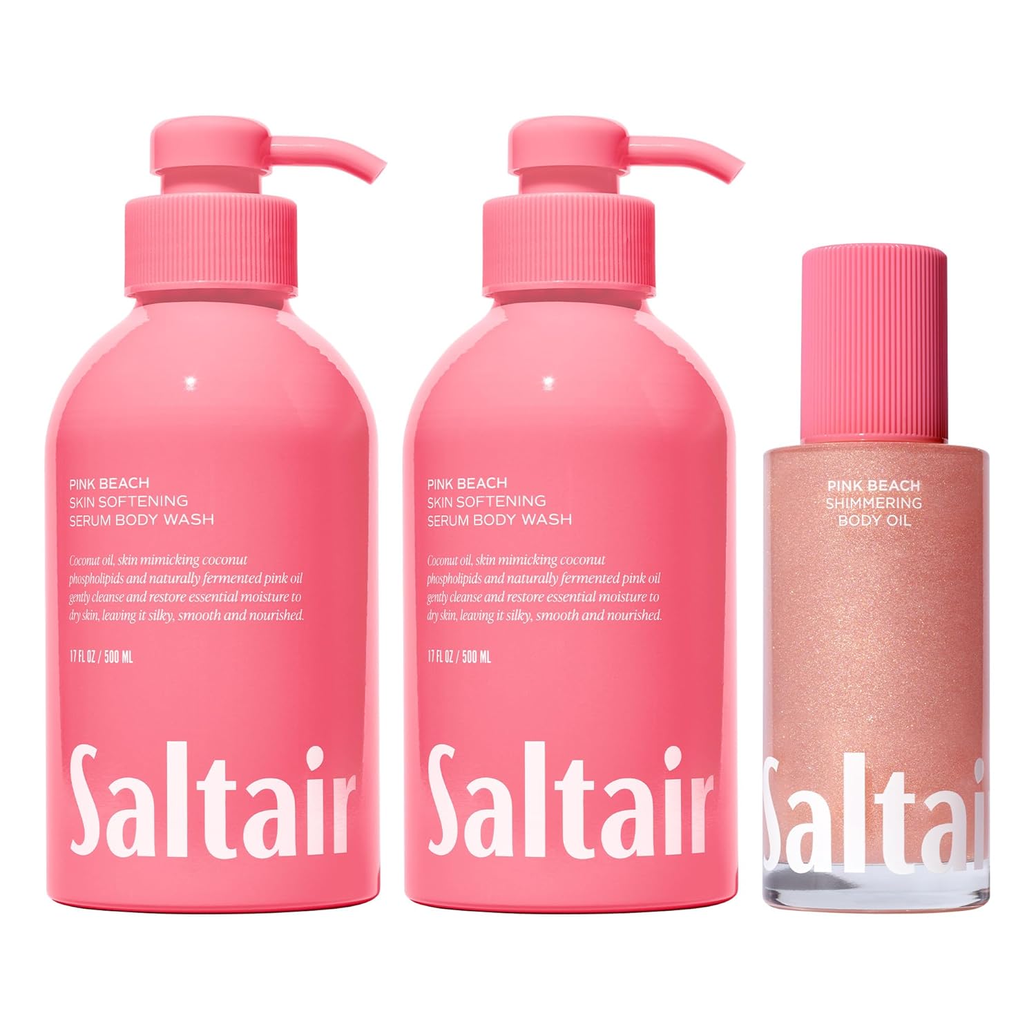 Saltair Pink Beach Bundle: Body Wash 2-Pack (2 x 17oz) + Shimmering Body Oil (4oz), Moisturizing Cleanser and Glow Oil