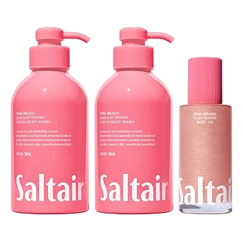 Saltair Pink Beach Bundle Body Wash 2-Pack 2 x 17oz + Shimmering Body Oil 4oz, Moisturizing Cleanser and Glow Oil