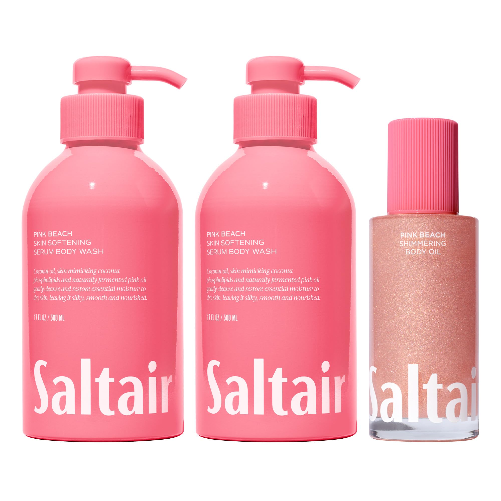 Saltair Pink Beach Bundle Body Wash 2-Pack 2 x 17oz Shimmering Body Oil 4oz Moisturizing Cleanser and Glow