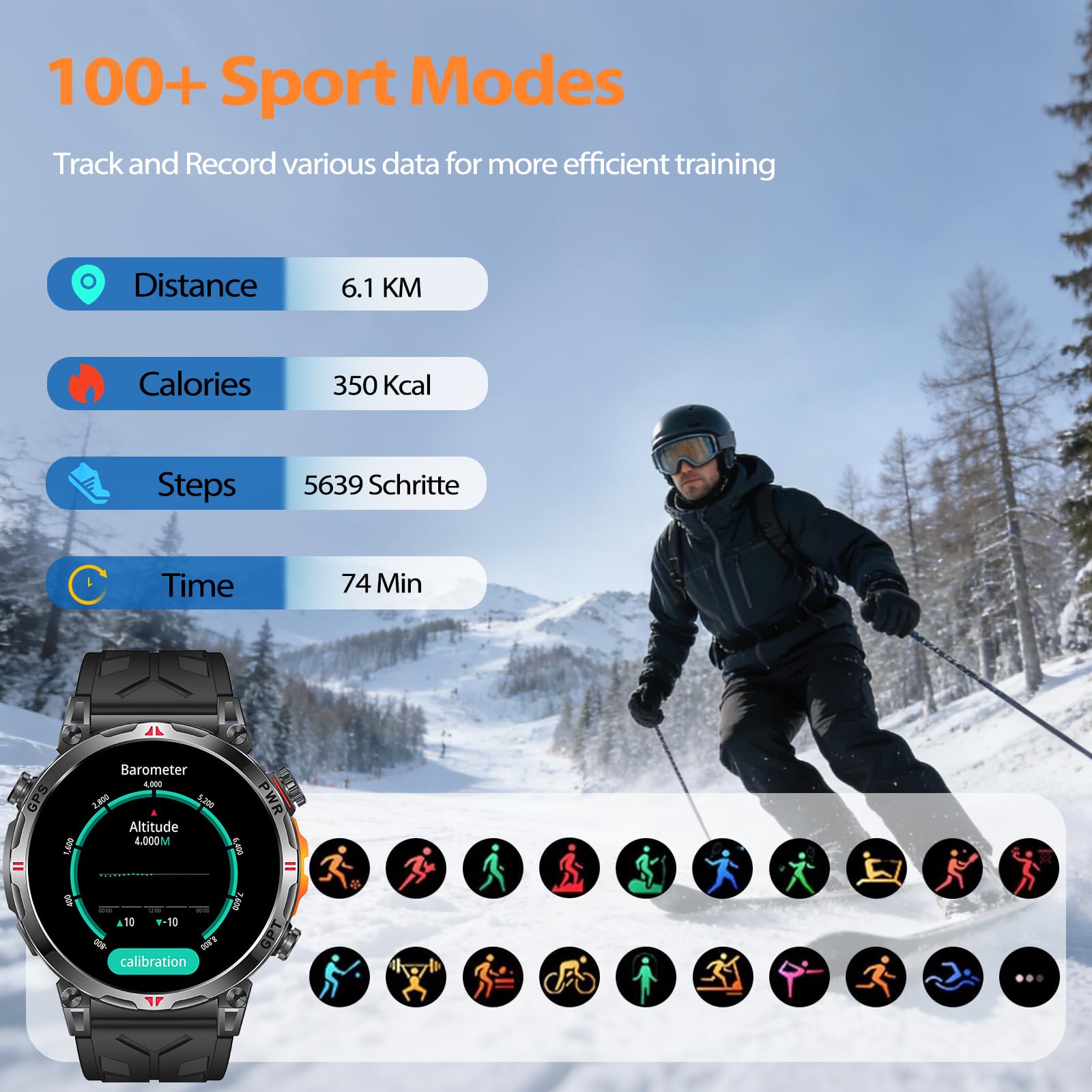 smartwatch uomo con GPS, bussola, chiamata Bluetooth, schermo Amoled da 1,56", orologio fitness con 107 modalità sportive, orologio sportivo per iOS/Android, quadrante AI, IP68, impermeabile