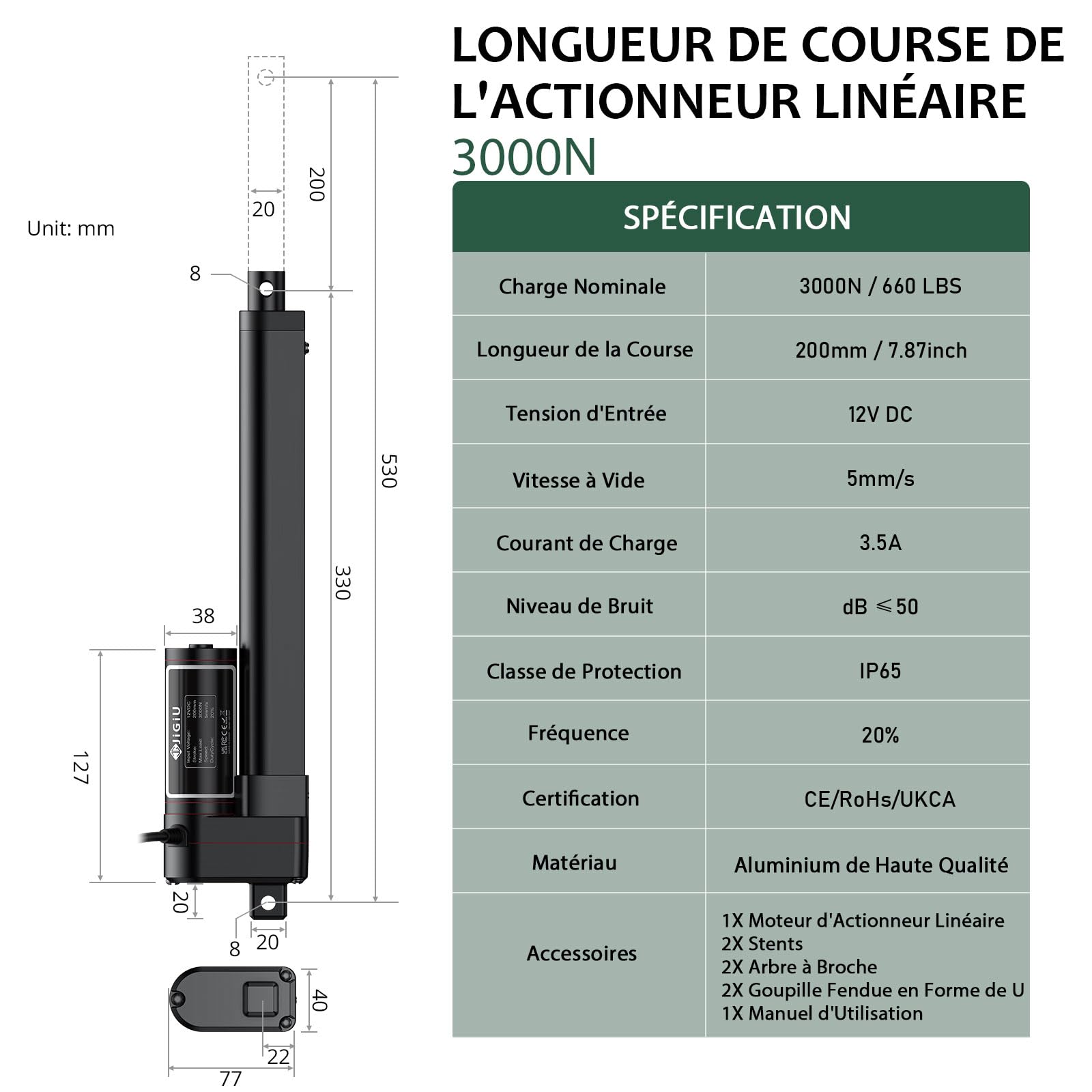 JiGiU Actionneur Linéaire 12V 3000N, Course 200mm Vérin Électrique Auto-bloquant IP65, 5mm/s avec Supports, pour Domotique/Ouvre-porte/Ouvre-fenêtre/Machines - Noir