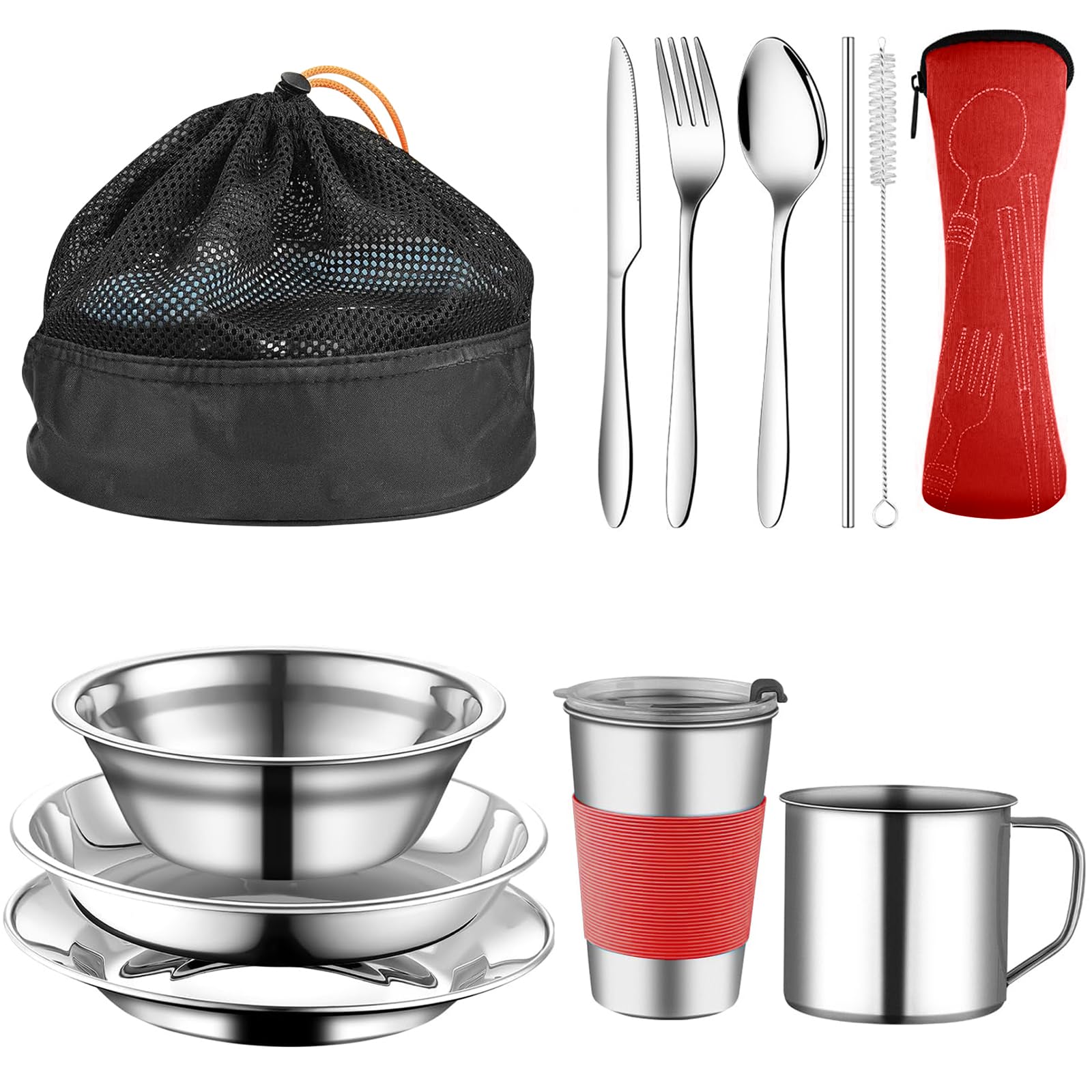 Gavetta Scout, Stoviglie Rosso 10 PCS, Campeggio in Acciaio Inox con Posate, Forchette, Ciotole e Bacinelle, Gavetta Scout 1-2 Persona, Posate da Campeggio per Picnic, Campeggio e Viaggi all'aperto