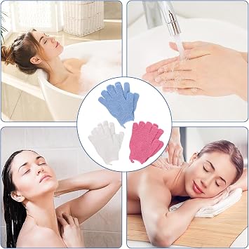 3 Pair Shower Gloves Exfoliating, Deep Clean Body Exfoliator Scrub with Lanyard, Dead Skin Remover Shower Body Scrub Gloves for Shower, Spa, Massage and Dead Skin Cell - White, Red, Blue