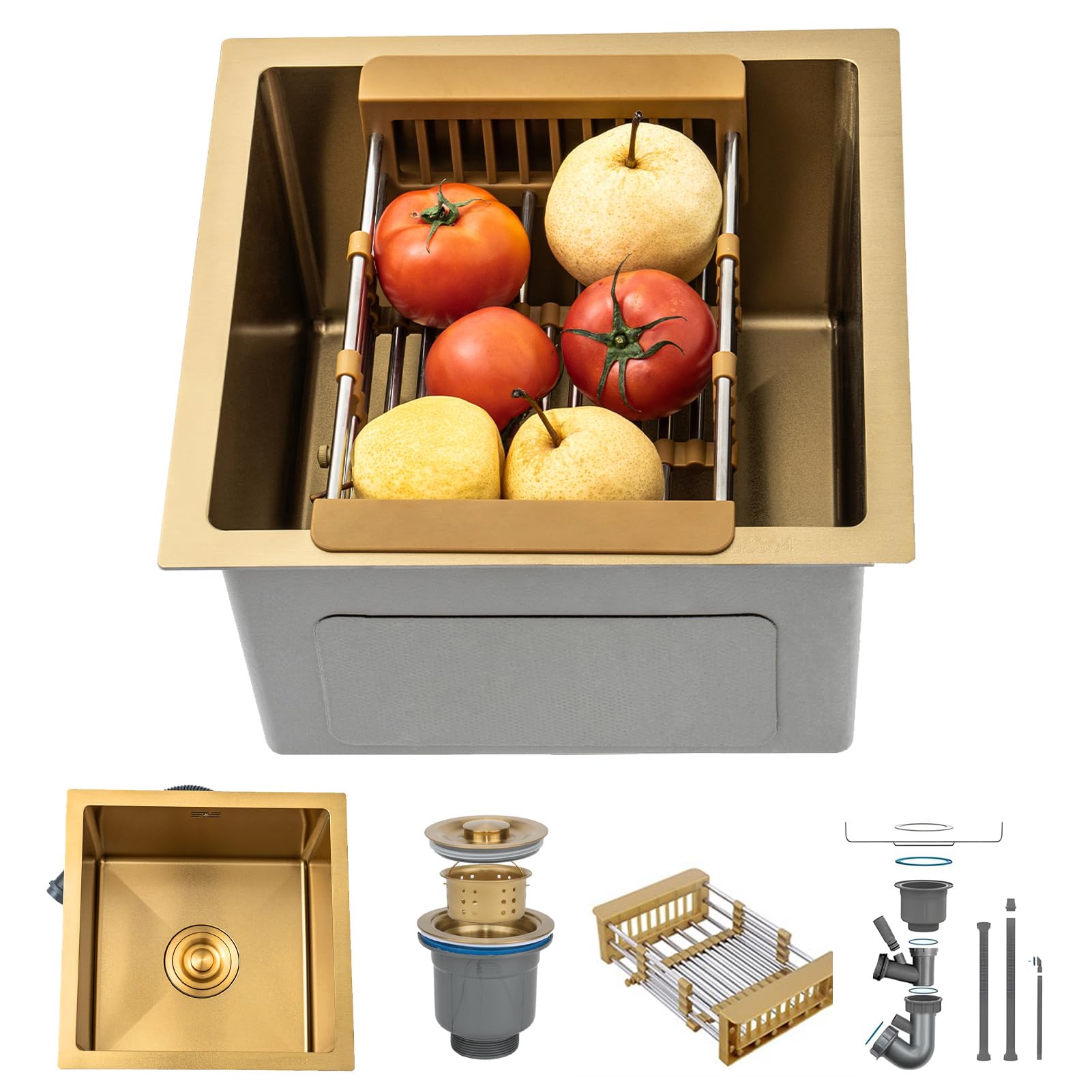Gold Prep Sink Mini Trumpet Stainless Steel Multifunctional Kitchen Essential Single Bowl Sink With Gold Drainer And Mounting Components Single Bowl Undermount Or Drop-In ( Color : Gold , Size : 38x38 — image 1