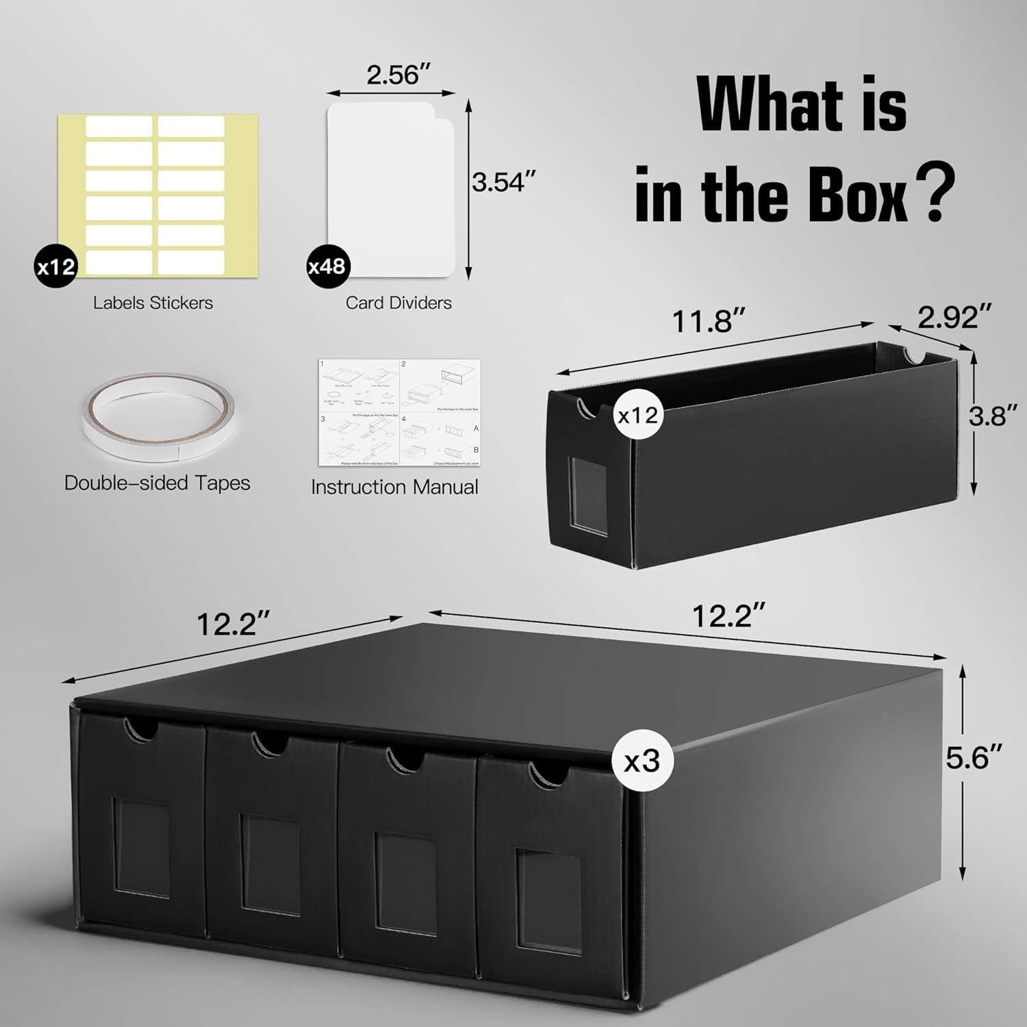 Trading Card Storage Box with 48 Dividers &12-600 CT Boxes, Fully Black Card Organizer Box with Scratch-Resistant Coating for MTG, TCG, Sport Cards, Trading Card Organizer with Labels & Tapes