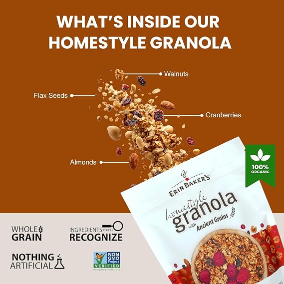 Erin Bakers Homestyle Fruit and Nut Granola with Ancient Grains - Made from Natural Ingredients, Crunchy Texture, Versatile Snack or Cereal - Vegan Friendly, Non-GMO, Resealable 12oz Bags, 6Pack