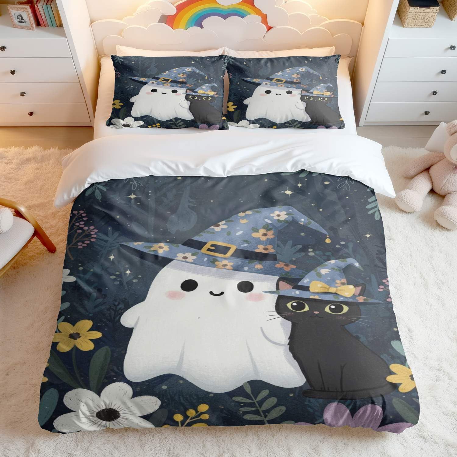 Parure de lit enfant bleu foncé motif chat et sorcière pour chambre magique