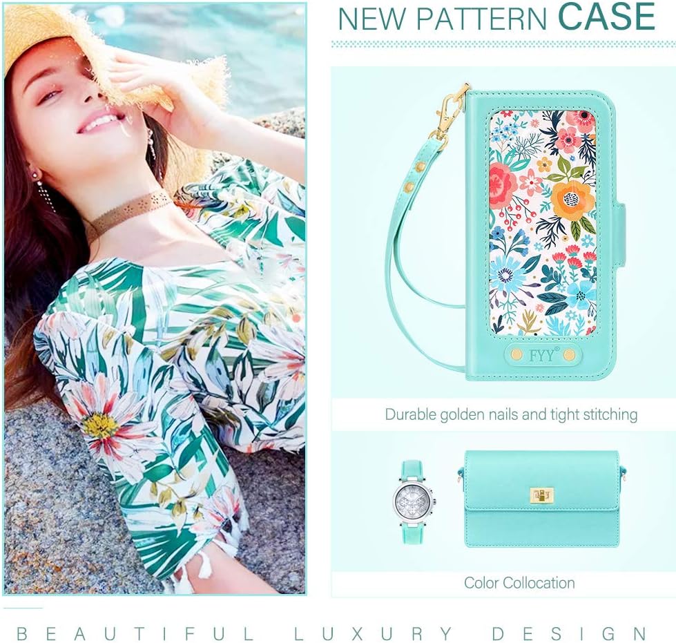 FYY Case Compatible with iPhone 12 Pro Max 6.7", [Kickstand Feature] Luxury PU Leather Wallet Case Flip Folio Cover with [Card Slots][Wrist Strap][Note Pocket] for iPhone 12 Pro Max 5G 6.7" Mint Green