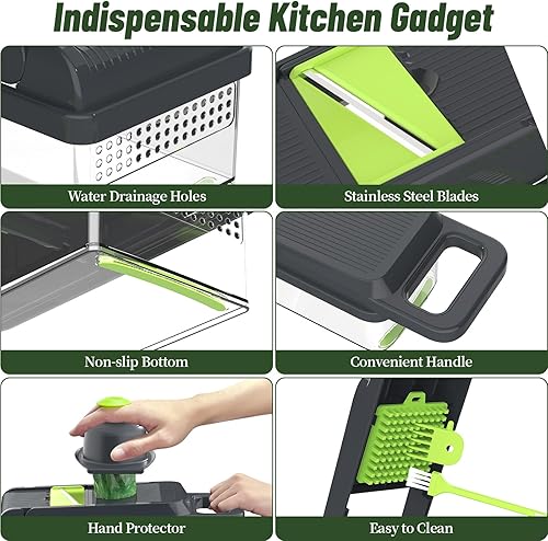 Miniatura 6 de Picador de verduras 12 en 1, picador de verduras de 7 cuchillas con recipiente y tapa, cortador, rebanador, utensilios de cocina multifuncionales,