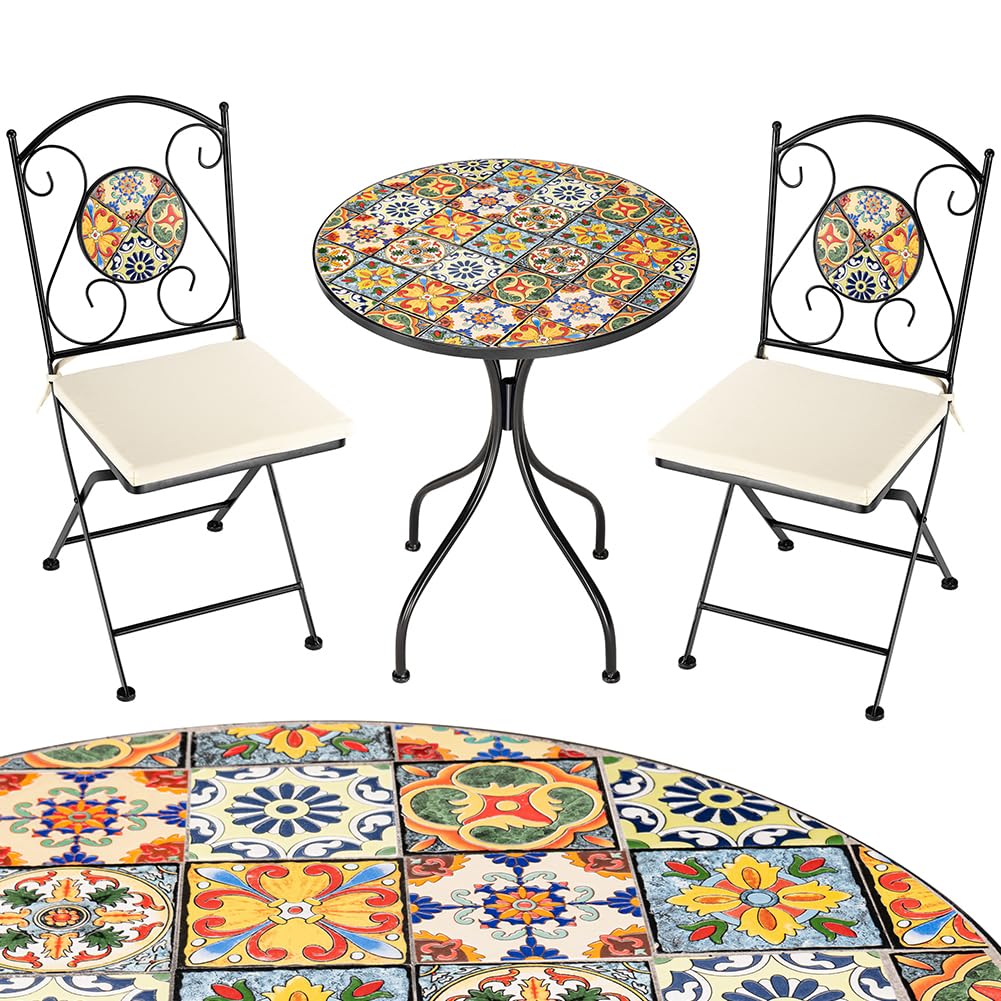 BAKAJI Juego de mesa de 60 x 70 cm + 2 sillas plegables con decoración de mosaico, mesa resistente que ahorra espacio para muebles de exterior, jardín, terraza, estructura de metal color negro (diseño