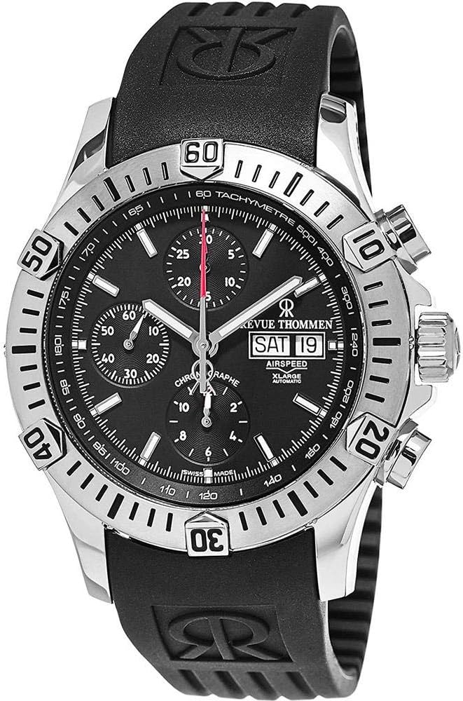 Revue Thommen Airspeed XLarge Diver - Black Dial Chronograph Day Date Watch Mens - Black Rubber Band Swiss Automatic Watch 16071.6839