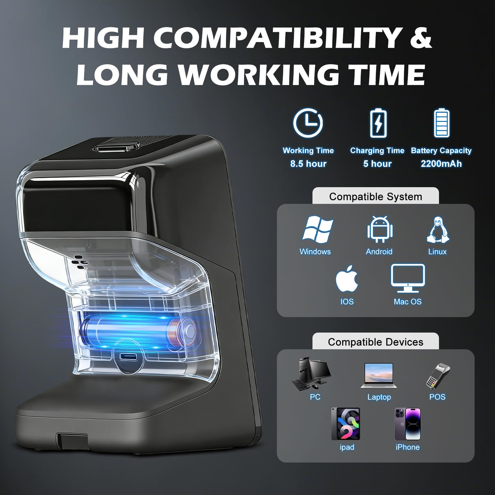 OBZ Lector Códigos Barras 1D/2D Inalámbrico con Manos Libres, Escáner Bluetooth/ 2.4G/ USB Omnidireccional de Sobremesa, Compatible PC Mac Android iOS – Ideal para Supermercado, Tienda, Almacén