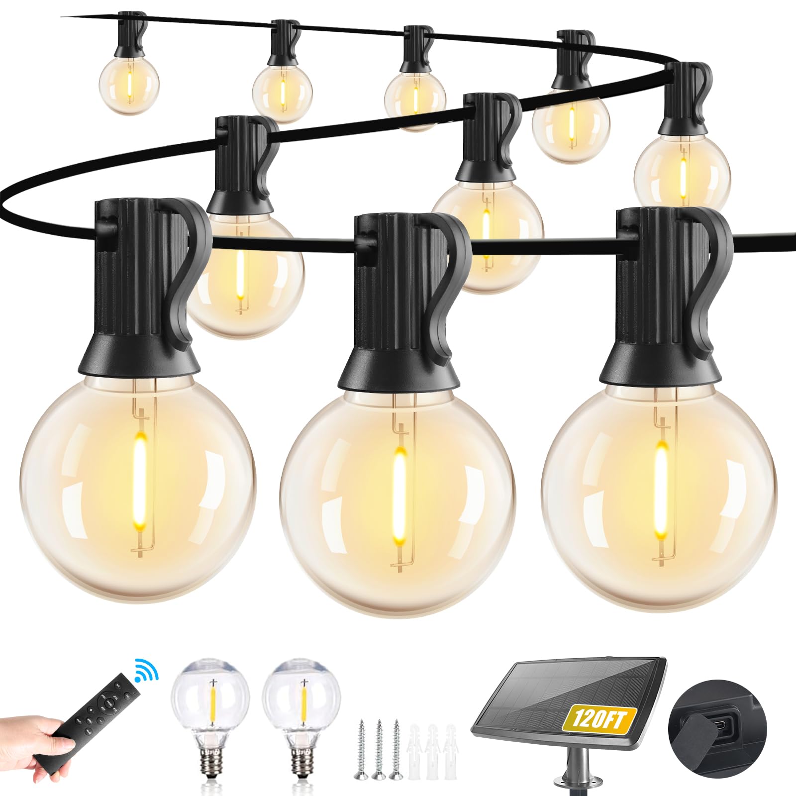 Solar-Lichterkette für den Außenbereich, wasserdicht, mit Fernbedienung, G40 solarbetriebene Lichterkette mit 40 + 2 bruchsicheren LED-Leuchtmitteln, dimmbar, Solar-Terrassen-Hängeleuchten für Außen