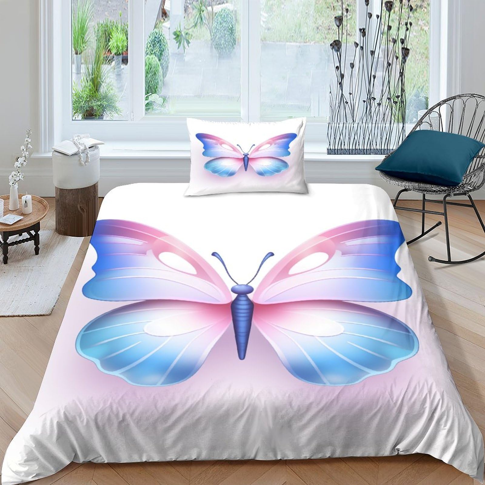 Housse de couette papillon 3D 135x200 microfibre avec taies d'oreiller