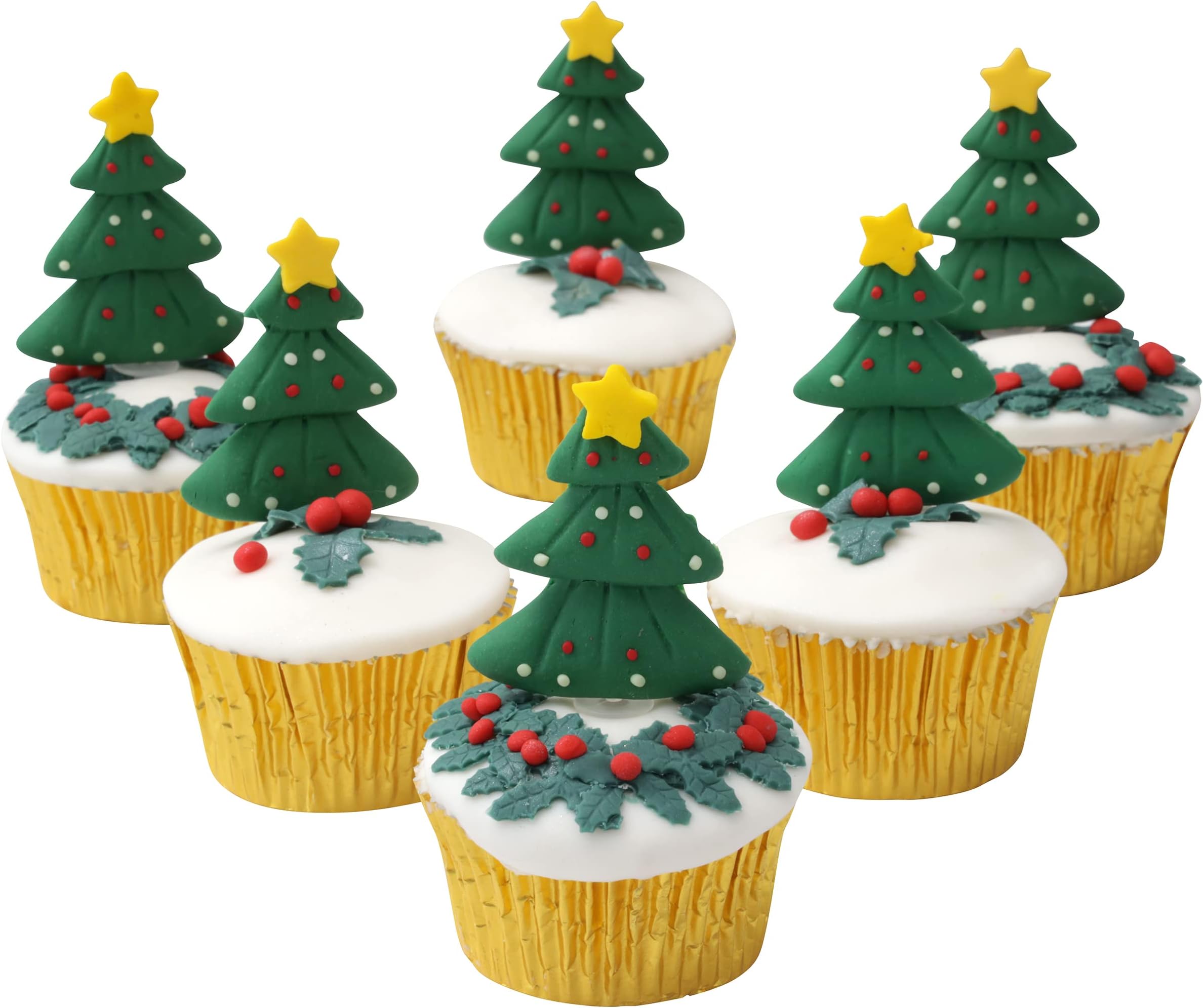 Christmas Cake Decorations Plastic Topper Cupcake Mini Christmas Fire Fabric Gold Trees and Trees with Snow (6xTrees)