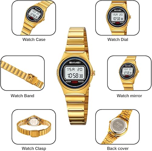 Miniatura 6 de Gosasa Reloj digital retro ultrafino para hombre y mujer, resistente al agua, acero inoxidable 30M, reloj de cuarzo casual con retroiluminación LED,
