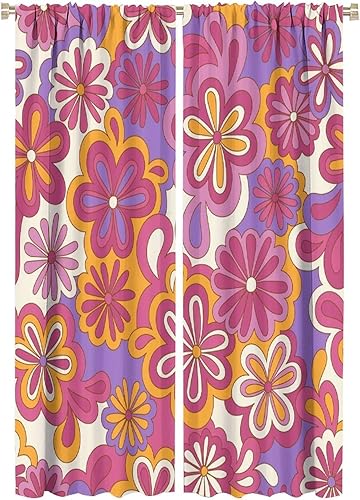 Miniatura 12 de Cortinas florales retro de los años 70, estilo hippie de verano naranja, estampado de flores, decoración con bolsillo para barra, cortinas de Retro