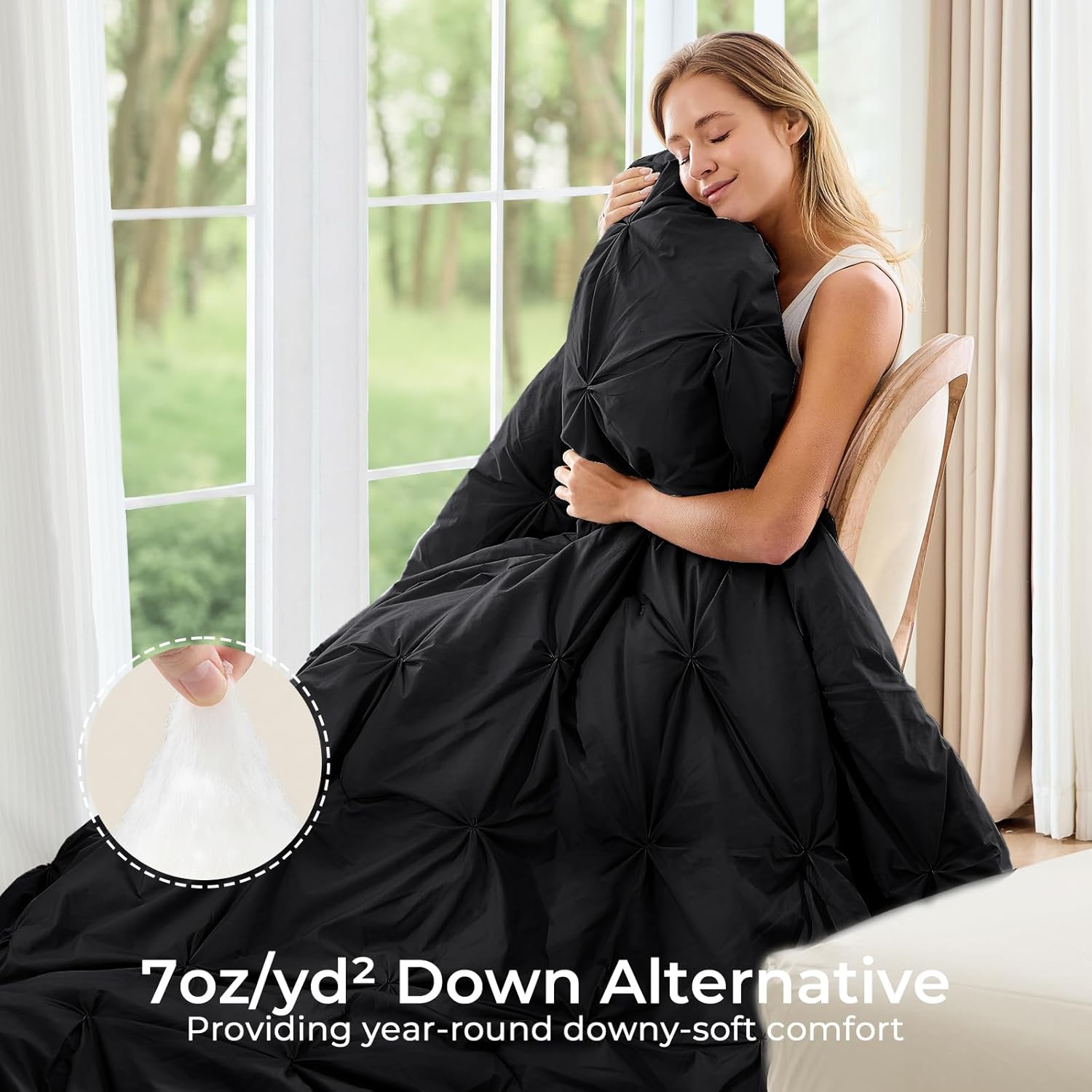 Sasttie Twin Comforter Set, 5-Piece Bed in a Bag, Pintuck Bedding Sets for All Season, Includes Comforter, Flat Sheet, Fitted Sheet, Pillowcase and Pillowsham, Black - Image 2