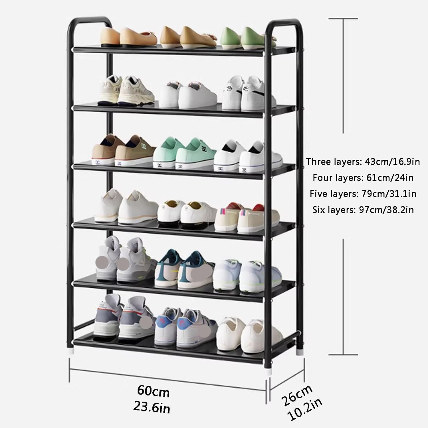 Narrow Freestanding Shoe Rack with Metal Legs - 3/4/5/6 Tier Entryway Organizer for Hallways, Bedrooms, Dorms - Large Capacity Storage Solution for Shoes