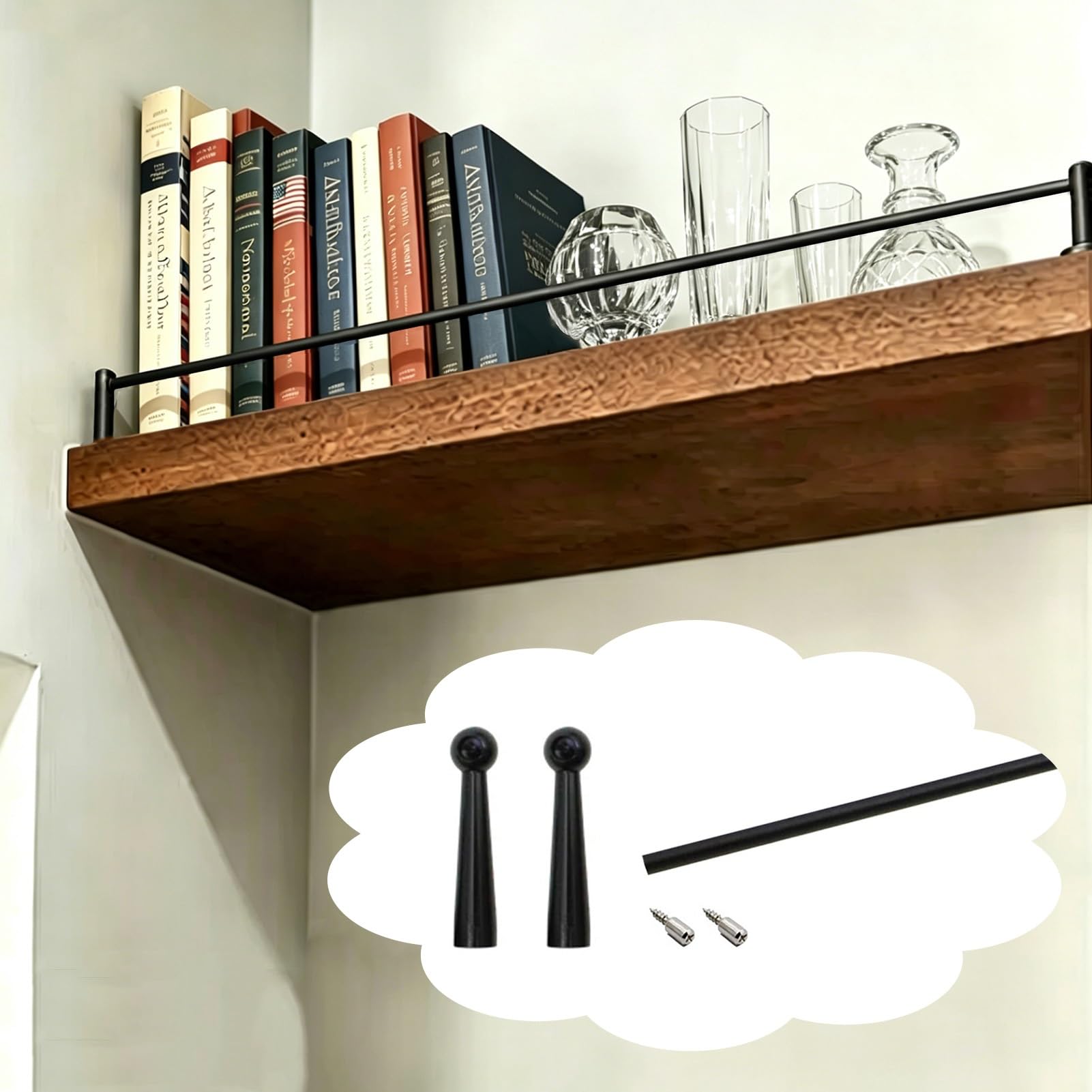 Zimgod Black-B Bookshelf Rail Guard System For Floating Shelves, Black Metal Tipping Guard Railing Kit, Anti Fall Gallery Guardrail Pole For Cabinet Closet Glassware(,52In/132Cm)