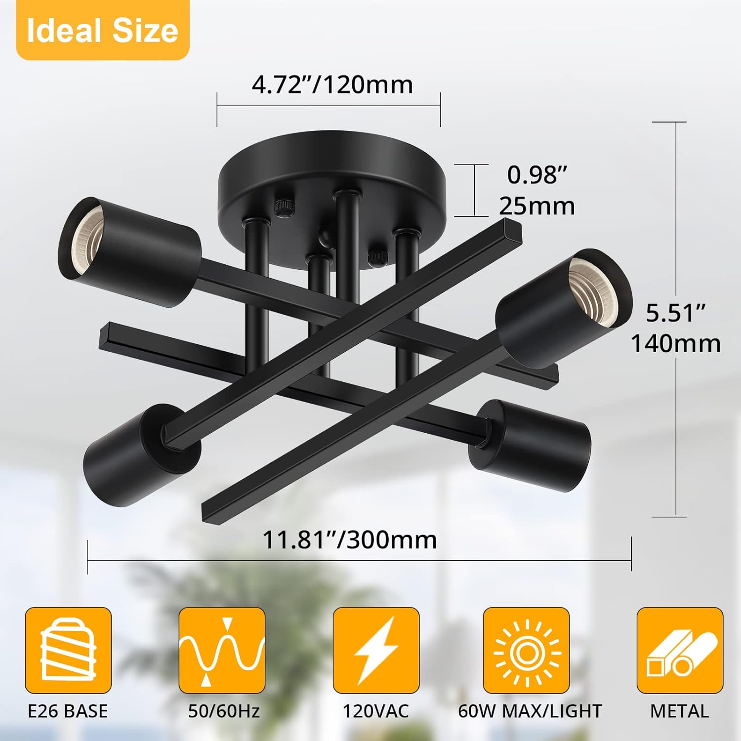 Industrial 4-Light Semi Flush Mount Ceiling Light Fixture, Modern Farmhouse Lighting Matte Black, Rustic Sputnik Chandelier Ceiling Lamp for Kitchen Bedroom Living Room Bathroom Hallway Entryway - - 
