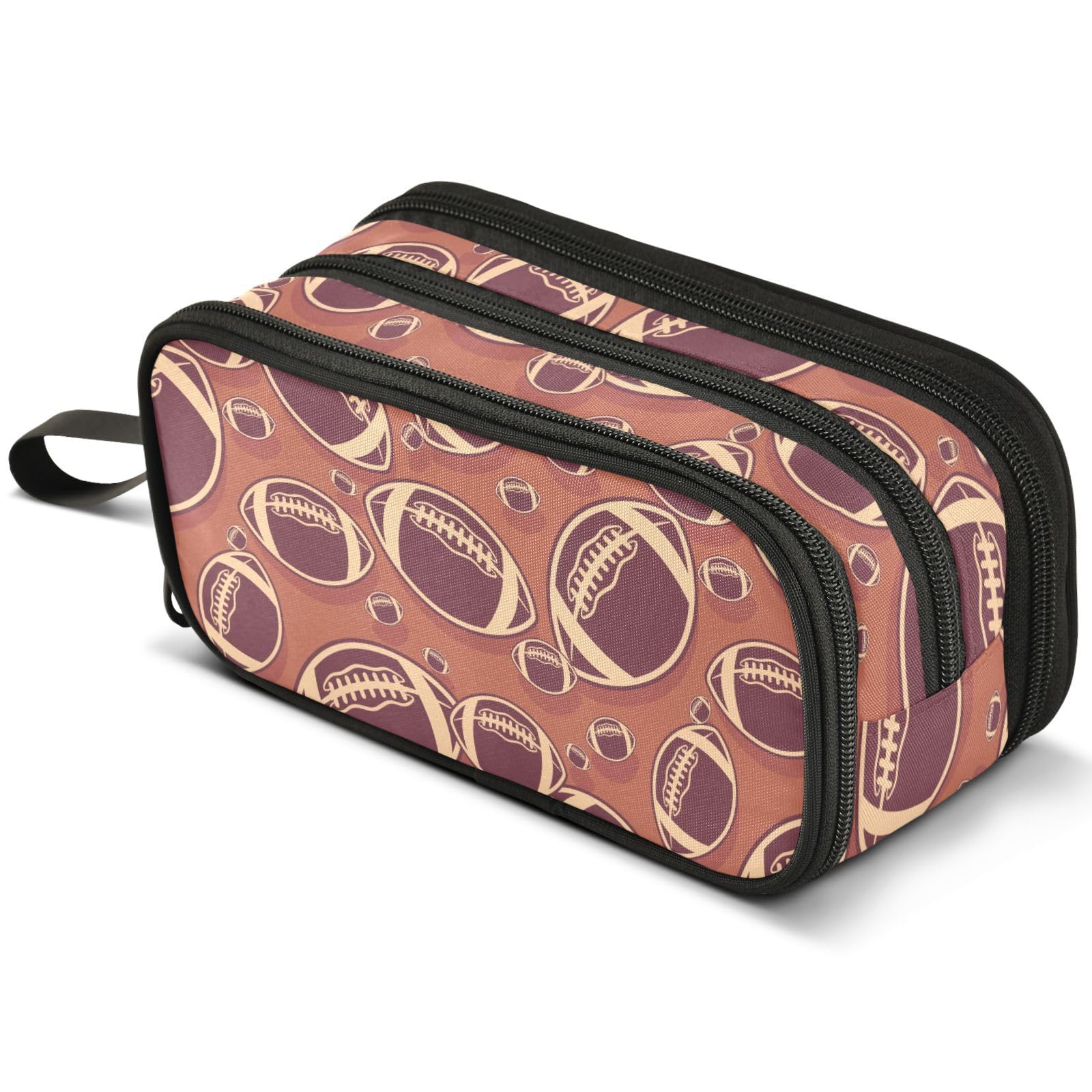 Mnsruu American Football Brown Pencil Case Large Capacity Pen Pouch Pencil Bag with 3 Compartments Pen Holder Organizer Stationery Bag