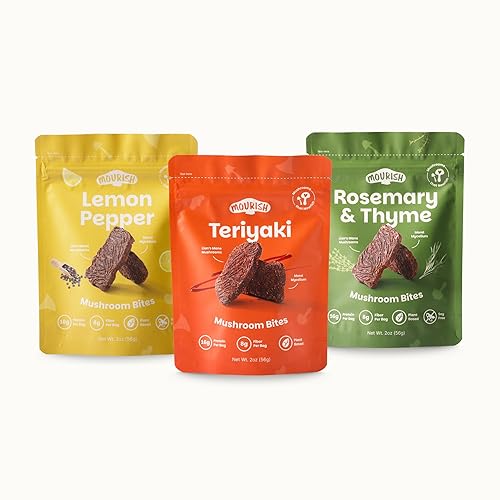 Miniatura 15 de Mourish Vegan Mushroom Bites - Trío de aventuras picantes, paquete de 3 (2 onzas), buena fuente de proteína y fibra, carne seca a base de plantas