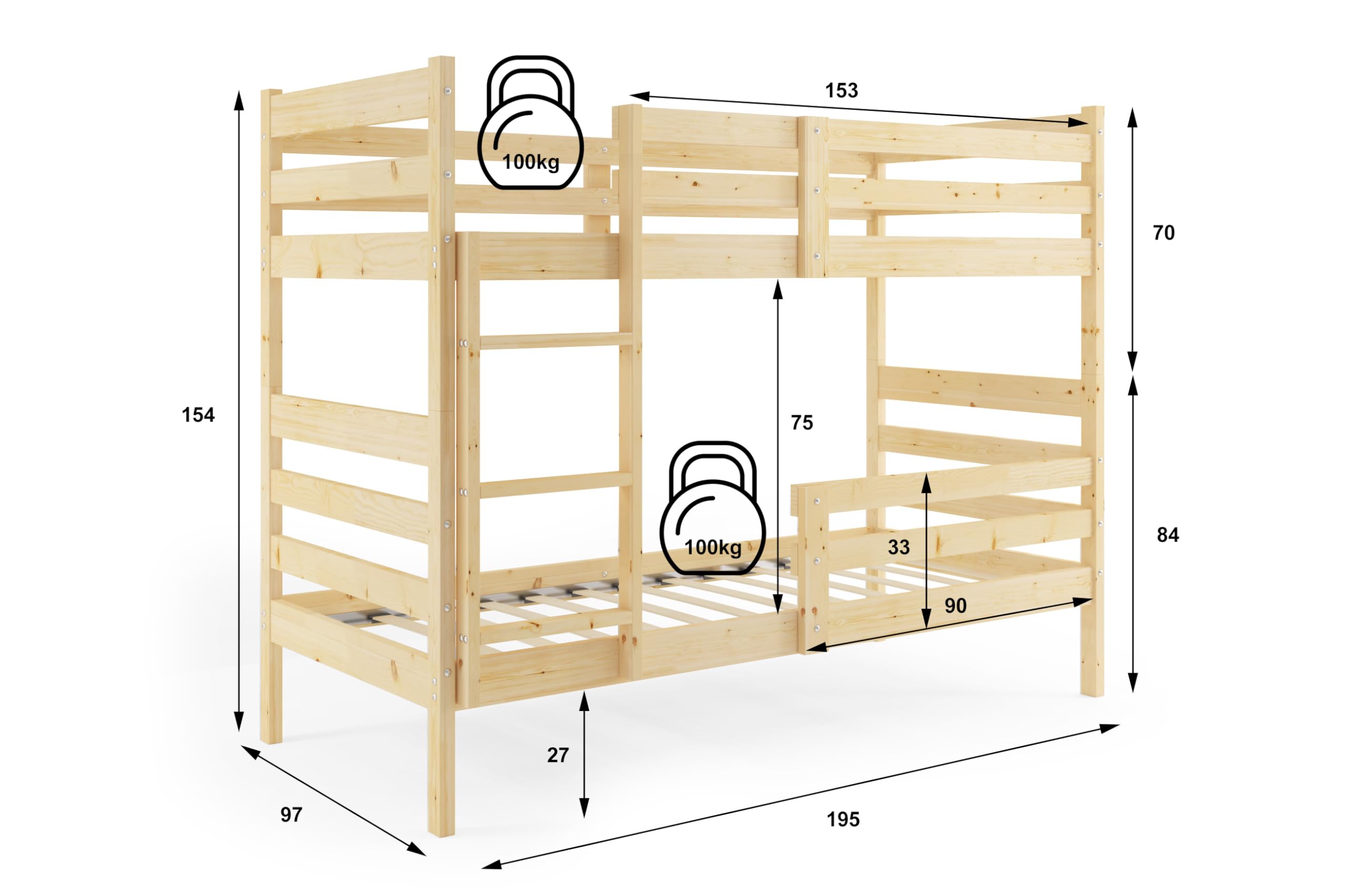 Interbeds Lit superposé Bois Massif Naturel sommier echelle 2 Places (190x90)