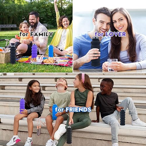 Miniatura 7 de Botellas de agua plegables, paquete de 2 botellas de agua de silicona de viaje sin BPA con mosquetón, 17 onzas, reutilizable, plegable, ligera,