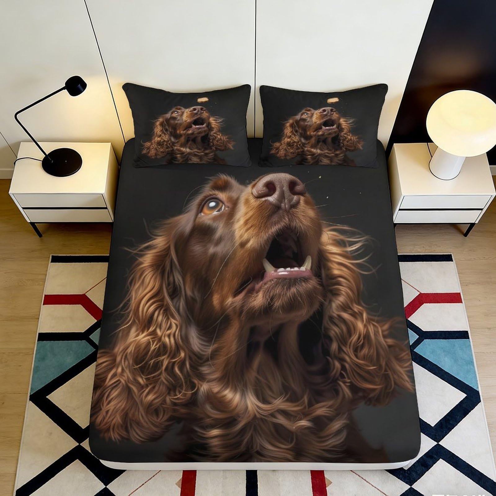 3D Printed Brown Dog Face Fitted Sheet Microfiber Soft Breathable Canine Pattern Bed Cover for Bedroom Dormitory Guest Room Mattress Protection 200x200x25cm