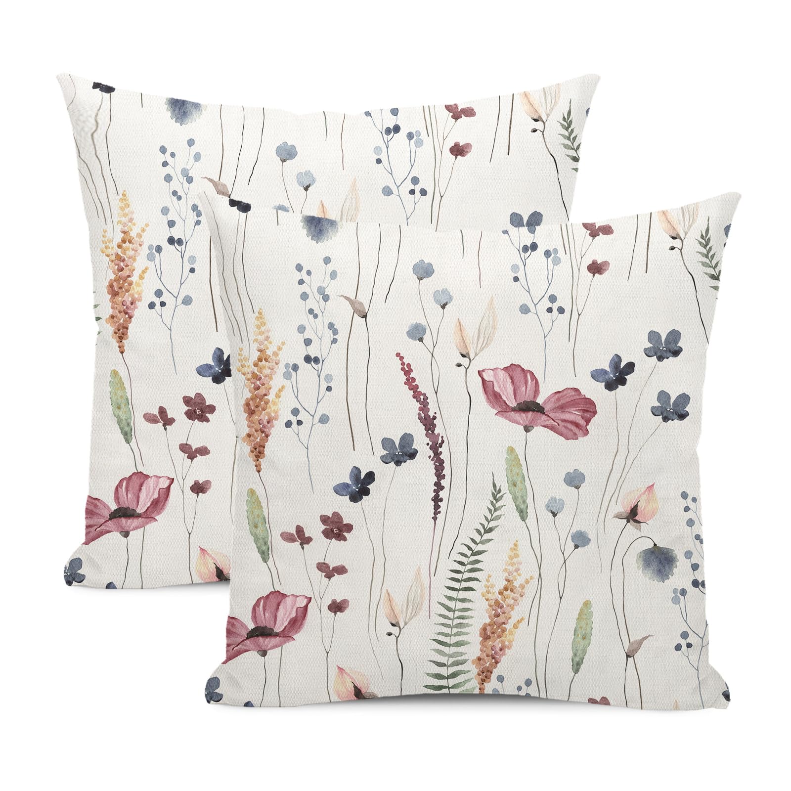 JEFERSO Spring Pillow Covers 18x18 Inch Set of 2, Watercolor Blue Green Wildflower Decor Farmhouse Throw Pillows Summer Spring Floral Decorations Pillowcase Linen Outdoor Cushion Case for Sofa Home — image 1