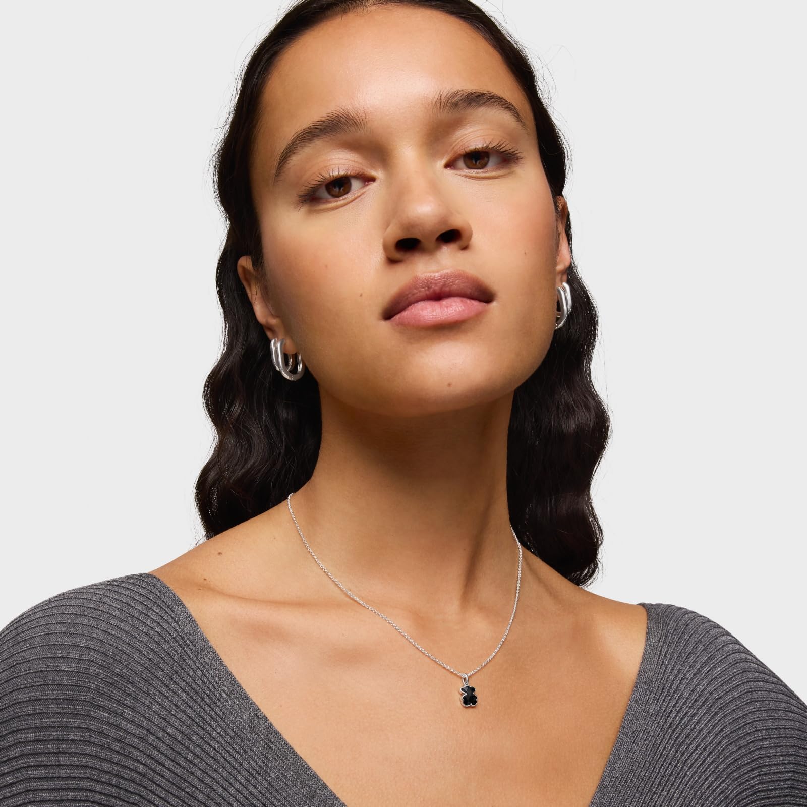 TOUS Collar Corto para Mujer de Plata de Primera Ley y Motivo Oso En Ónix, Colección Icon Color