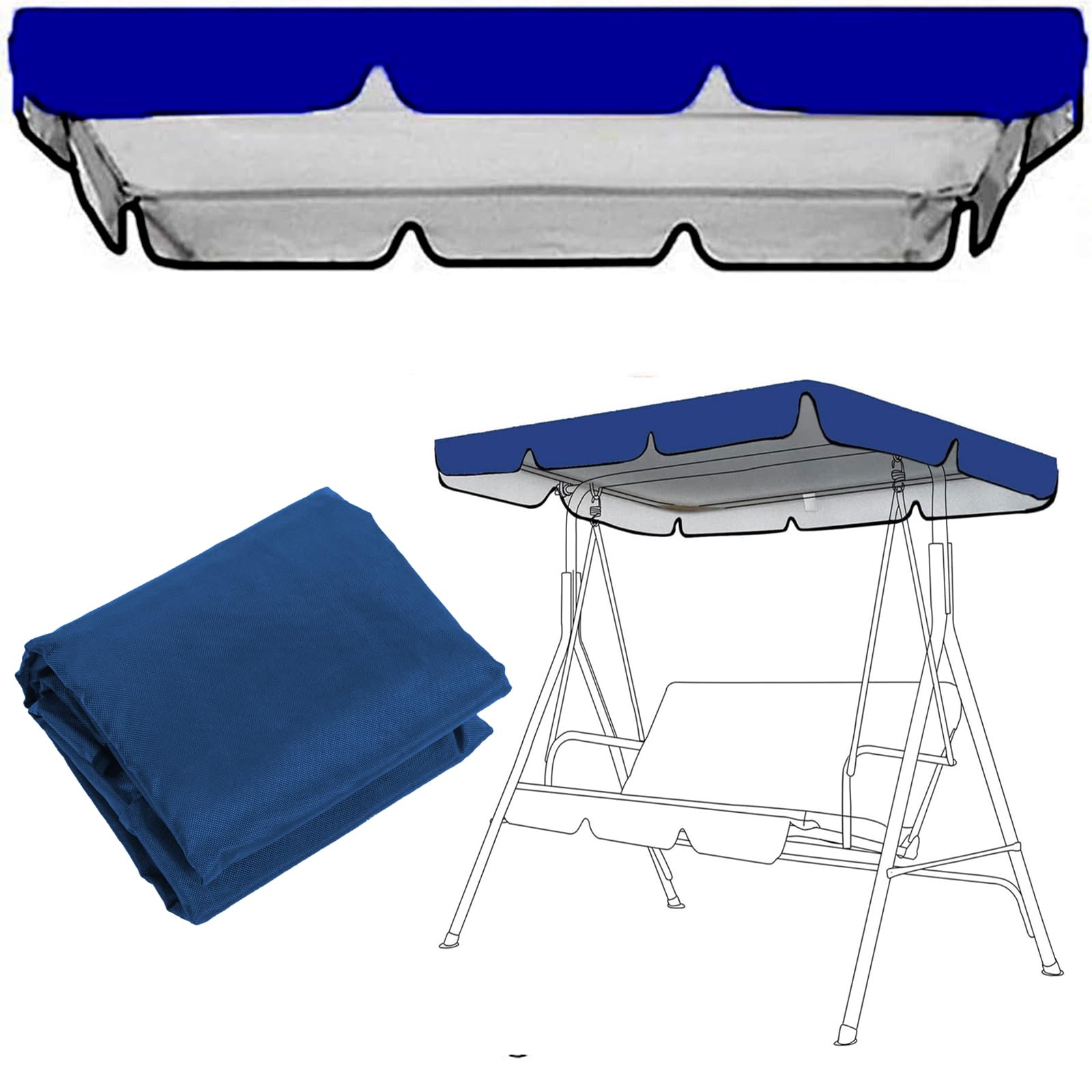 2 & 3 Seater Garden Swing Seat Canopy Cover,Waterproof Outdoor Swing Cover Replacement Universal Sun Shade Cover For Patio,Heavy Duty Hammock Top Cover (Size:75x52x6inch/190x132x15cm,Color:Blue)