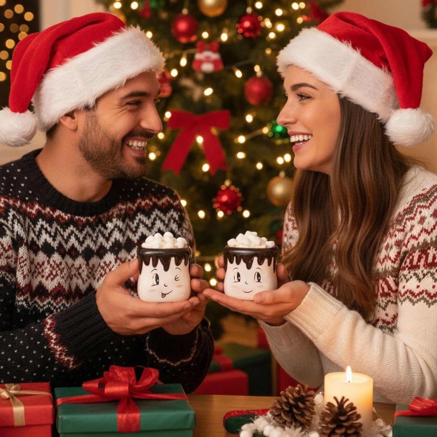 Youeon Marshmallow Shaped Mugs Set of 4, 7 Oz Cute Ceramic Hot Cocoa Chocolate Mugs, Adorable Coffee Matching Mug Set for Winter, Christmas, Gift & Home Décor - Image 6