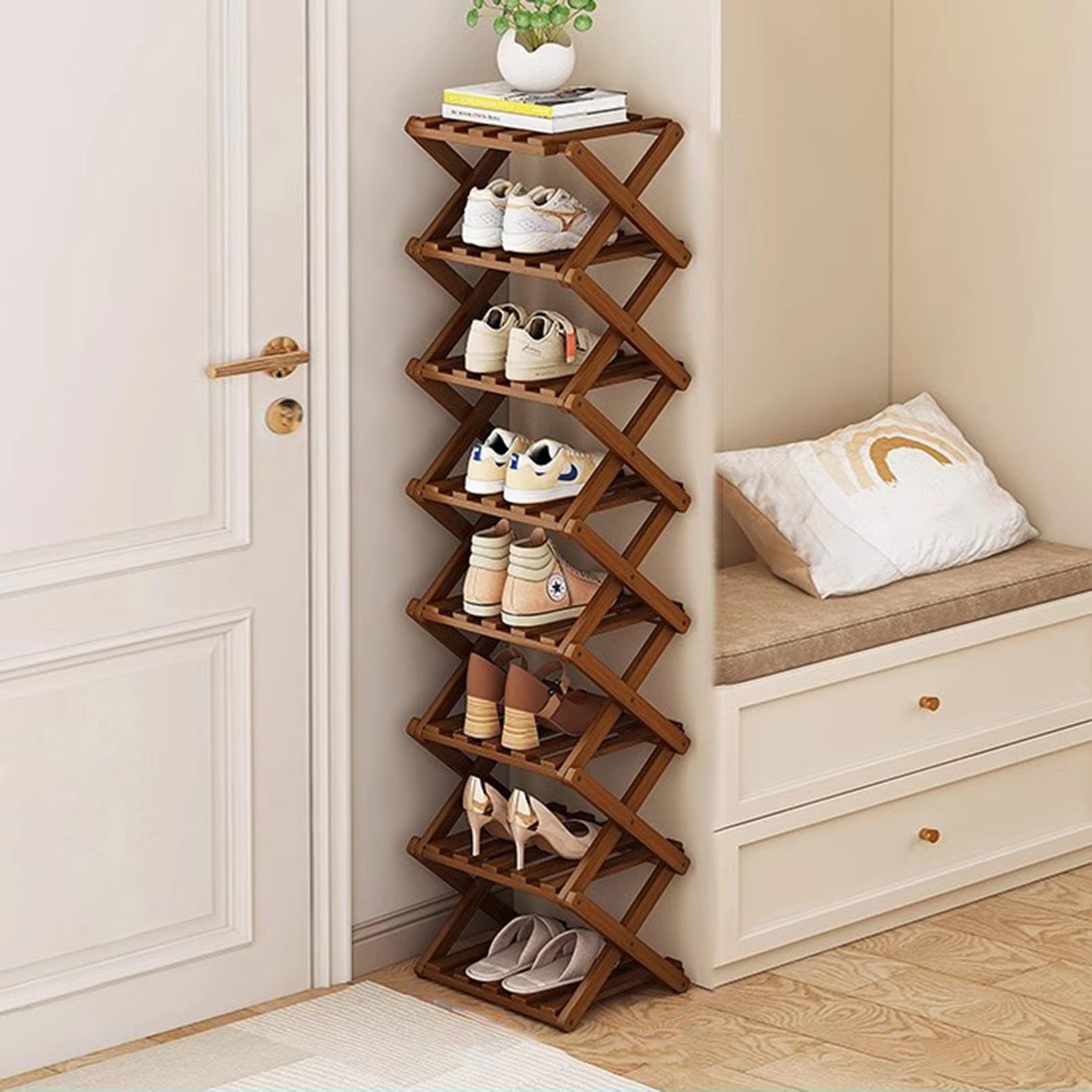 Organisateur en bambou pliable et modulable pour chaussures et linge