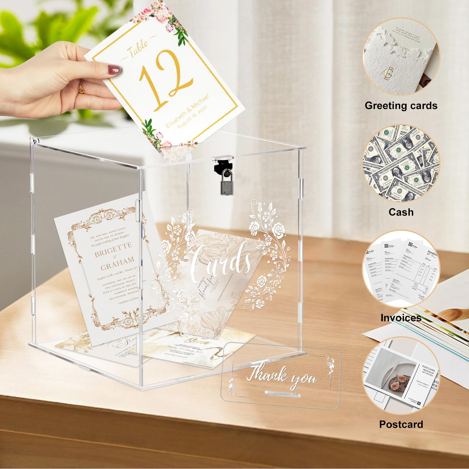 ECOSEAO Caja para Tarjetas de Boda de Acrílico, Caja para Tarjetas de Regalo con Cerradura y Ranura, Grande, Transparente, para Recepción, Cumpleaños, Aniversario