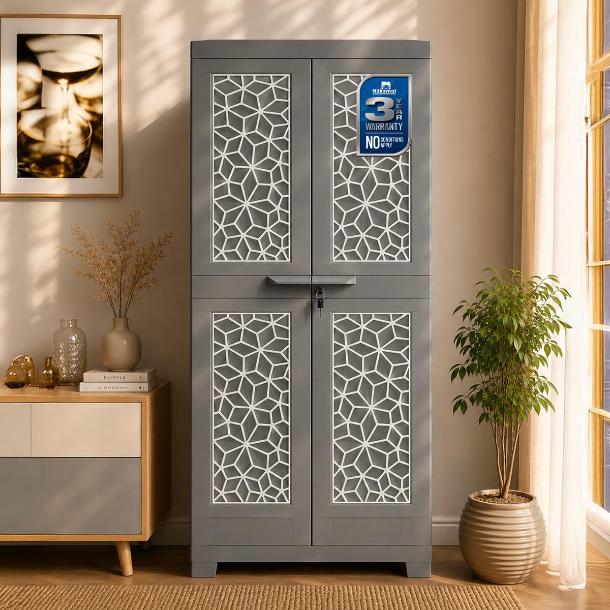 Nilkamal Freedom Star (FMSC18STR) Shoe Rack Plastic Cabinet with Dustproof Door | Shoe Rack for Home, Chappal Stand for Home Indoor & Outdoor | Haze Grey & Milky White