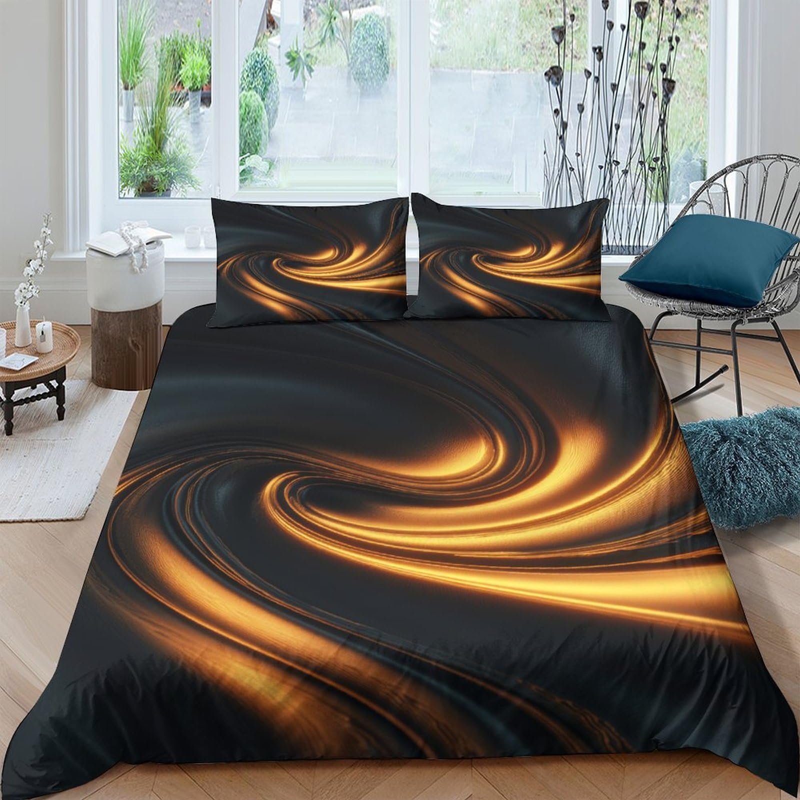 Ctjqhvkz Style-8 3D Printed Golden Swirl Fitted Sheet Microfiber Soft Black Abstract Mattress Cover For Bedroom Dorm Decoration Single（135X200cm）