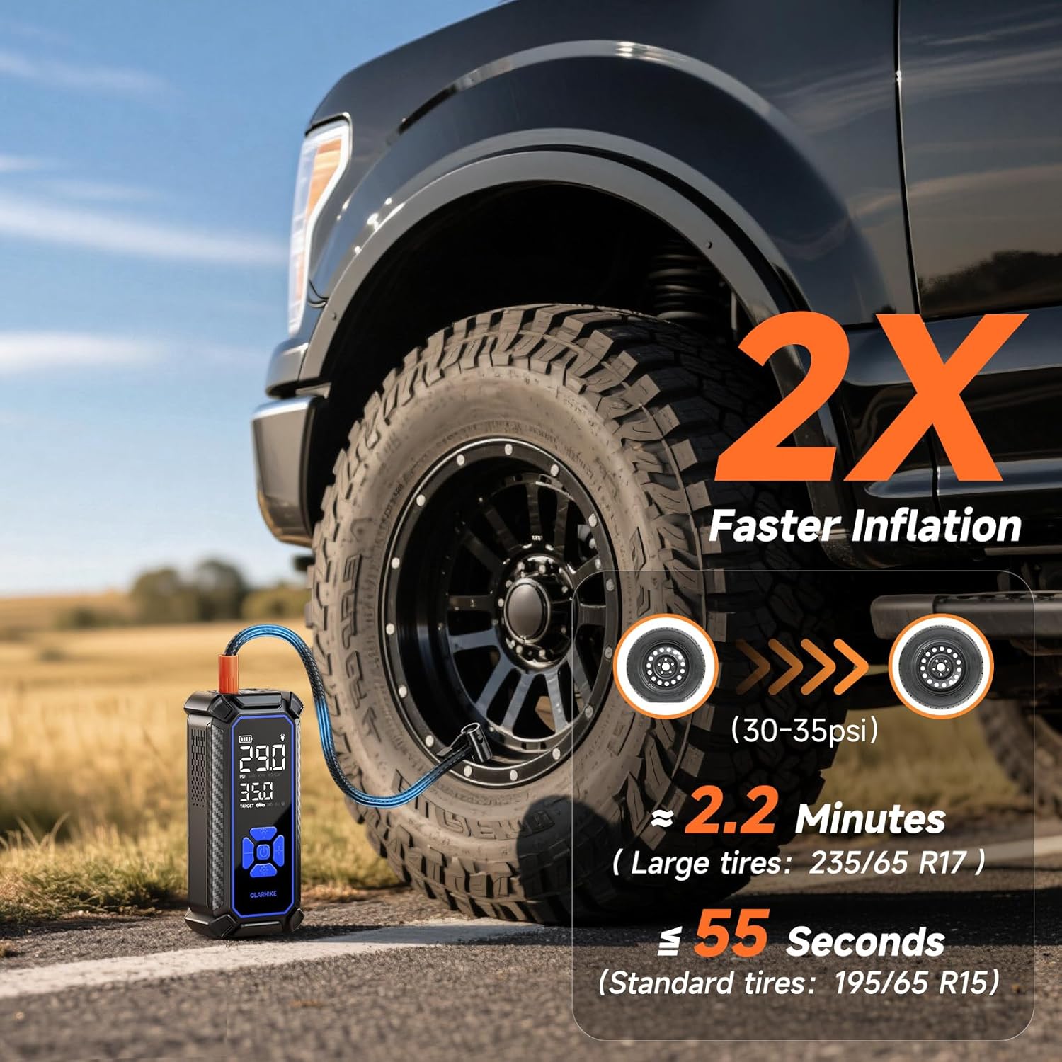 OlarHike Cordless Tire Inflator Portable Air Compressor, 150PSI Dual Power - 6000mAh & 12V DC, Air Pump for Car Tires, Motorcycle, Bicycle, Electric Pump with LED Light & Digital Pressure Gauge - Image 2